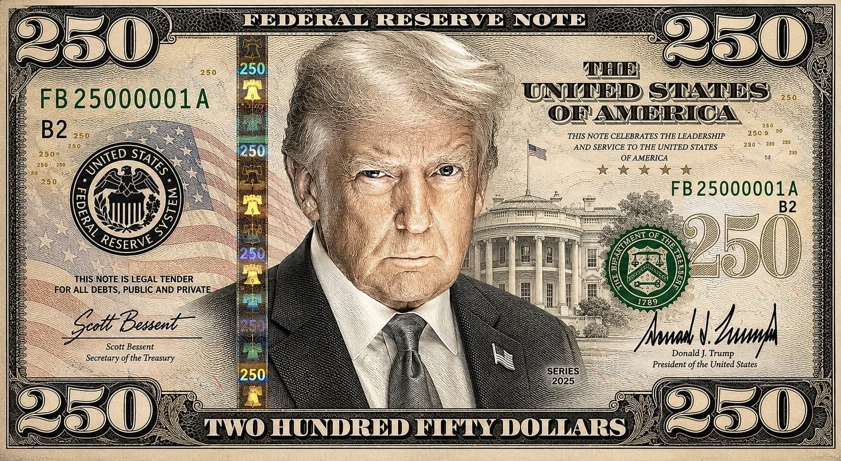 Treasury Prepares $250 Commemorative Note Bearing Trump's Portrait — One Law Stands in the Way